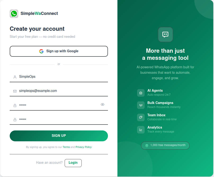 MessageBhejo signup page