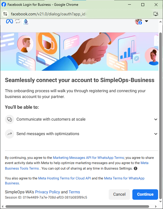 Meta popup — "Seamlessly connect your account" → Continue