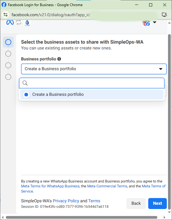 Meta popup — Business portfolio → Create a Business portfolio