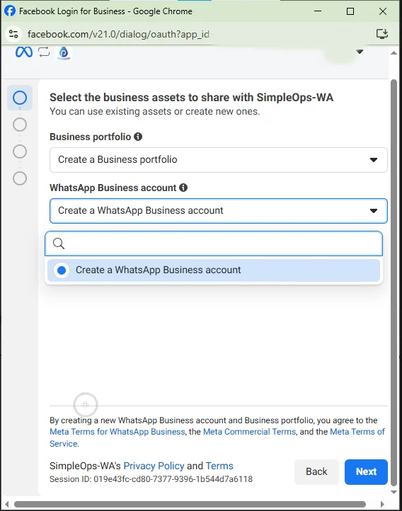 Meta पॉपअप — WhatsApp Business account → Create → Next