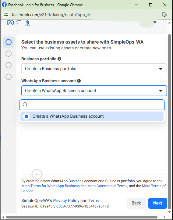 Meta popup — WhatsApp Business account → Create → Next