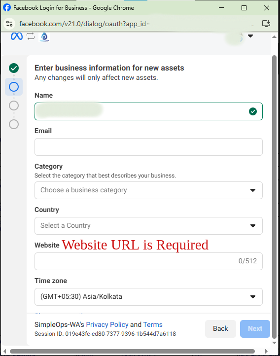 Meta popup — business information (Website URL is required)