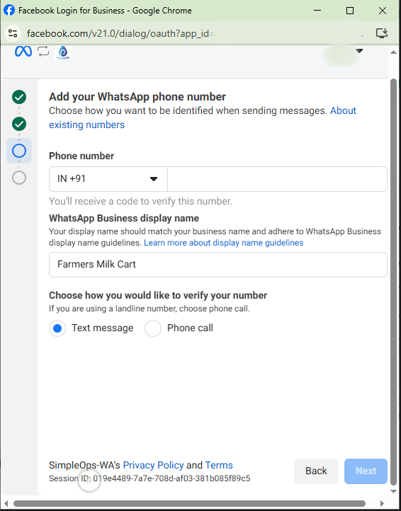 Meta popup — phone number, display name, and verification method