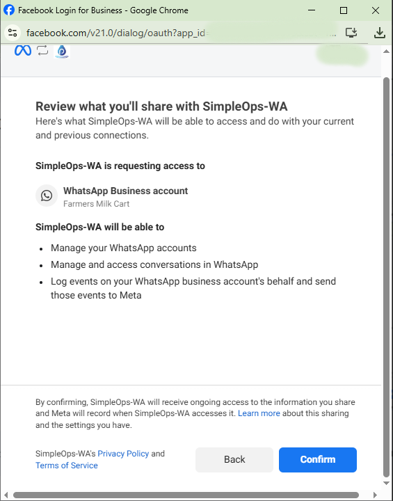 Meta popup — "Review what you'll share" → Confirm