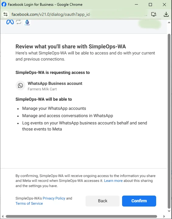 Meta पॉपअप — "Review what you'll share" → Confirm