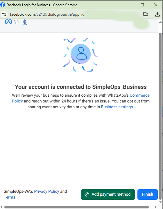 Meta popup — account connected → Finish