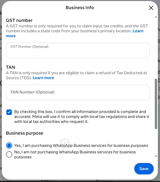 "Business Info" — GST / TAN / बिज़नेस का मकसद → "Save"