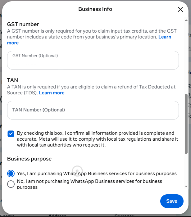 Business Info — GST / TAN / business purpose → Save