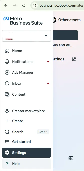 Meta Business Suite — "Settings"