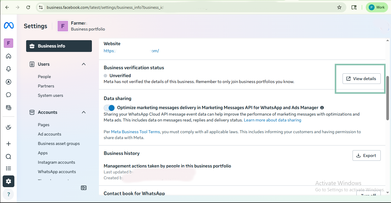 Business info — verification status Unverified → View details