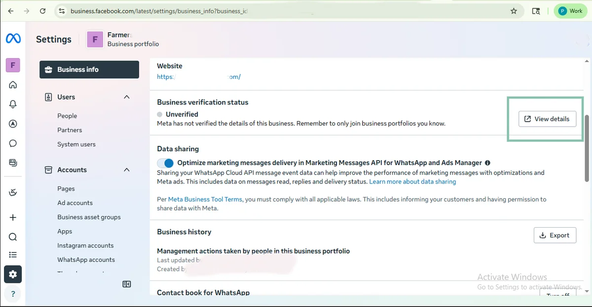 "Business info" — वेरिफ़िकेशन स्टेटस "Unverified" → "View details"