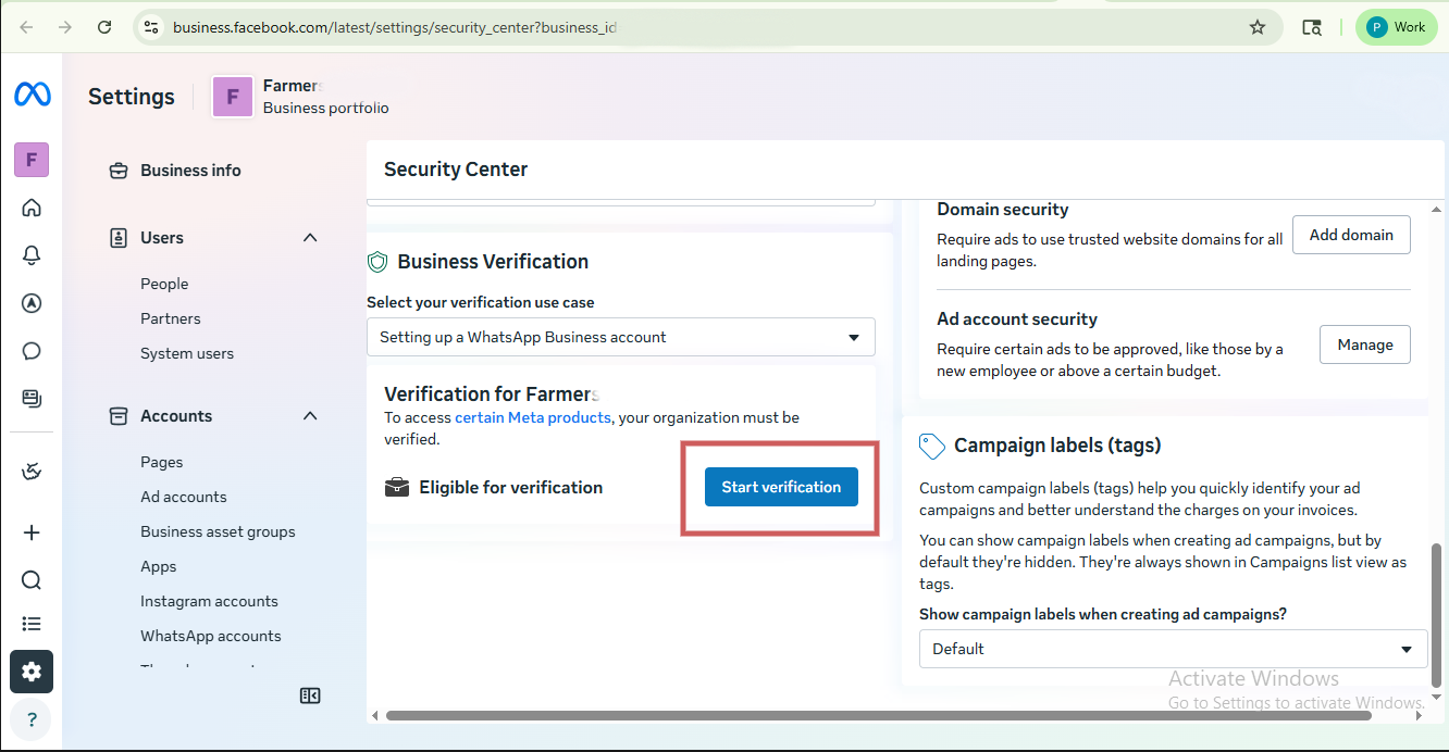 Security Center → Start verification