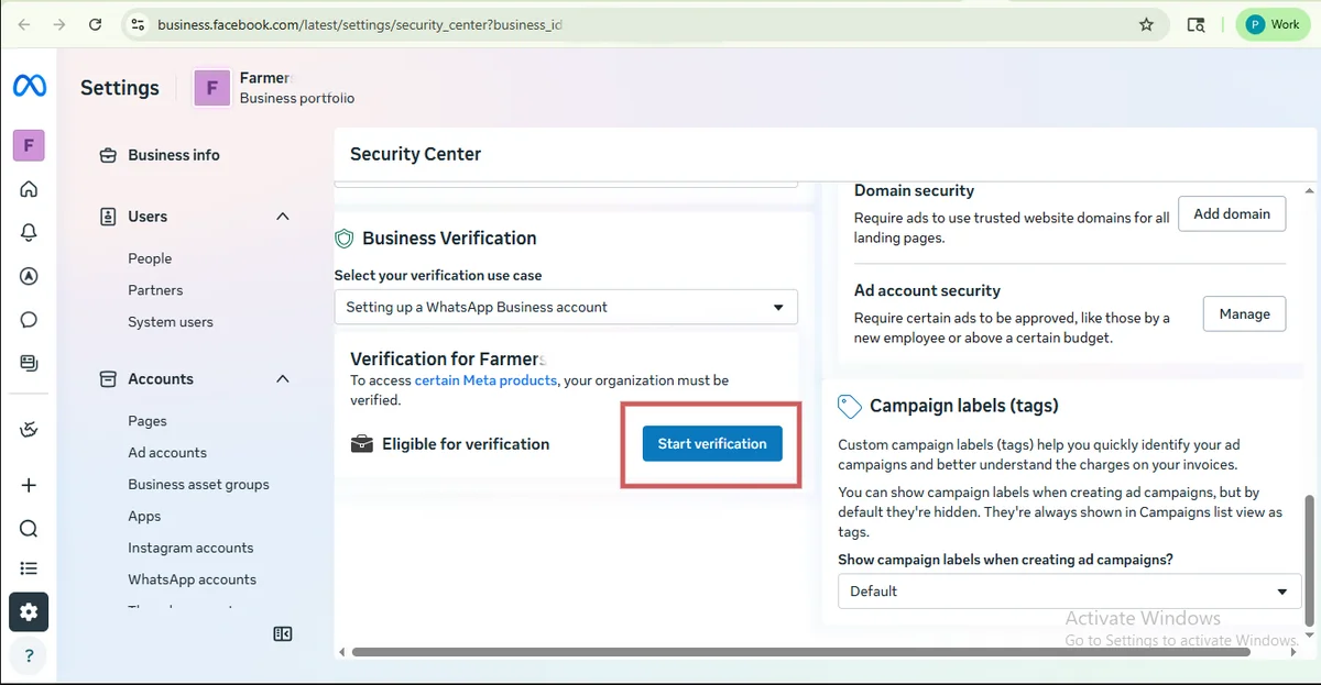 "Security Center" → "Start verification"