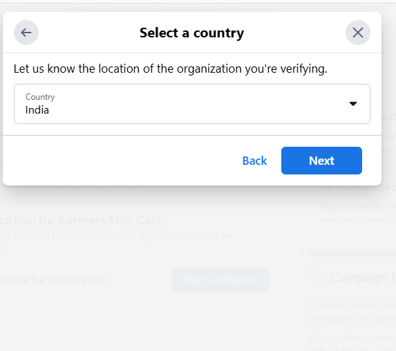 Select a country → Next
