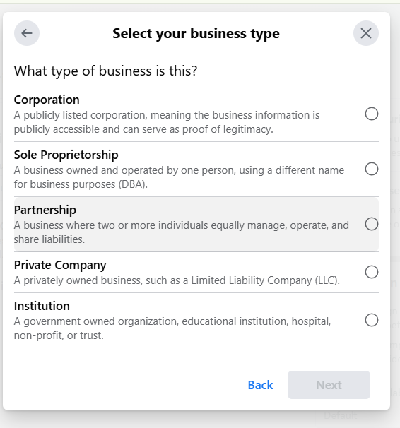 Select your business type, then complete Meta's forms